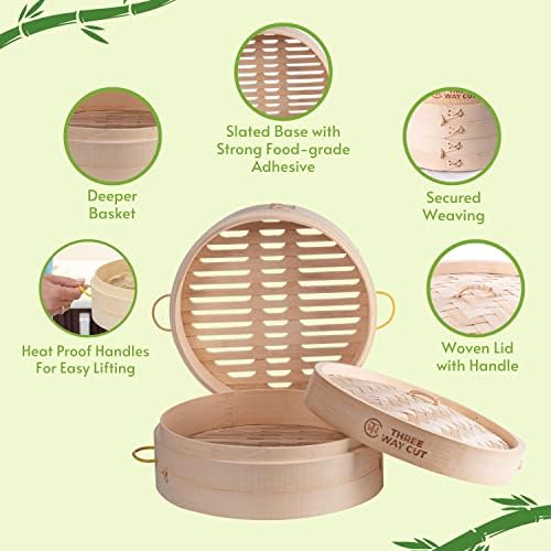 Bamboo Steamer with Handle for Cooking Dumplings Buns and More