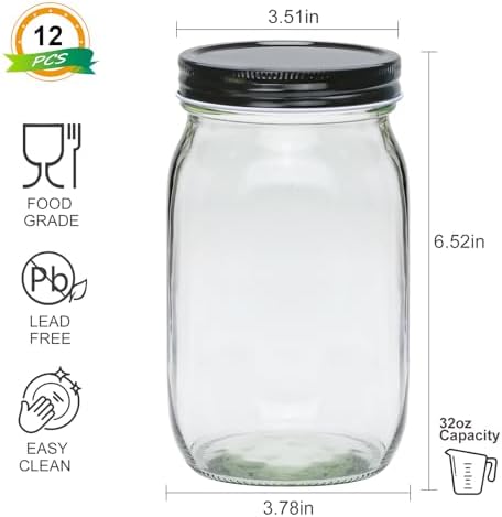 Flrolove 32oz Glass Mason Jars 12-Pack with One-Piece Lid