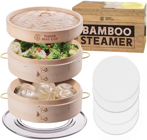 Bamboo Steamer with Handle for Cooking Dumplings Buns and More