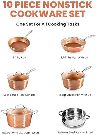 Gotham Steel Hammered Copper Cookware Set 10-Piece Non-Stick Pots Pans