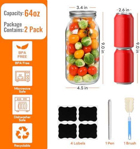 3-Pack Mason Jars 64 oz Wide Mouth