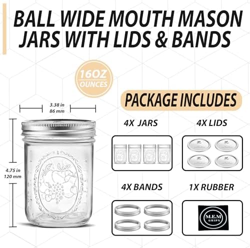 Wide Mouth Mason Jars 16 oz - 4 Pack