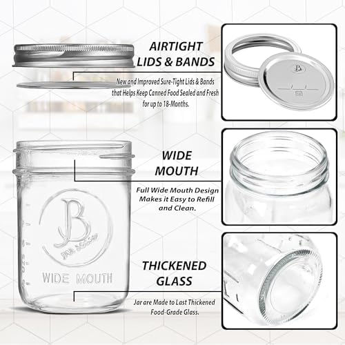 Jar Boss 6-Pack Mason Jars Wide-Mouth 16 oz Airtight Canning Fermenting