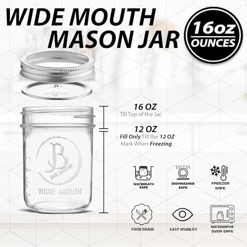 Jar Boss 6-Pack Mason Jars Wide-Mouth 16 oz Airtight Canning Fermenting