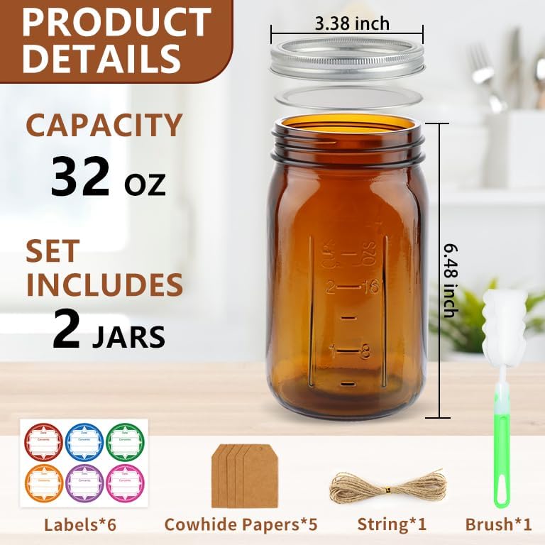 CARBLIN 2 Pack 32 Oz Amber Canning Jars with Airtight Lids