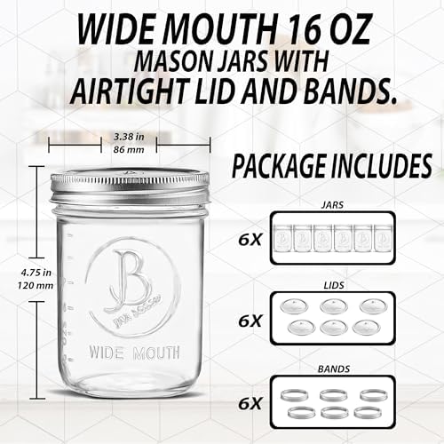 Jar Boss 6-Pack Mason Jars Wide-Mouth 16 oz Airtight Canning Fermenting