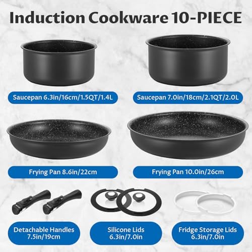 Bezaia Induction Cookware Set 10-Piece Non-Stick Pots Pans with Removable Handles