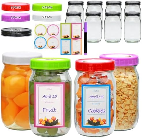 Flrolove 32oz Glass Mason Jars 12-Pack with One-Piece Lid
