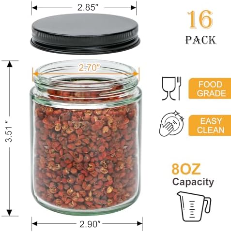 16-Piece 8oz Glass Jars with Lids for Candles Spices Crafts