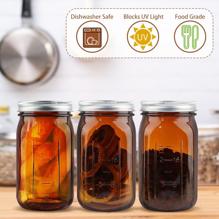 CARBLIN 2 Pack 32 Oz Amber Canning Jars with Airtight Lids