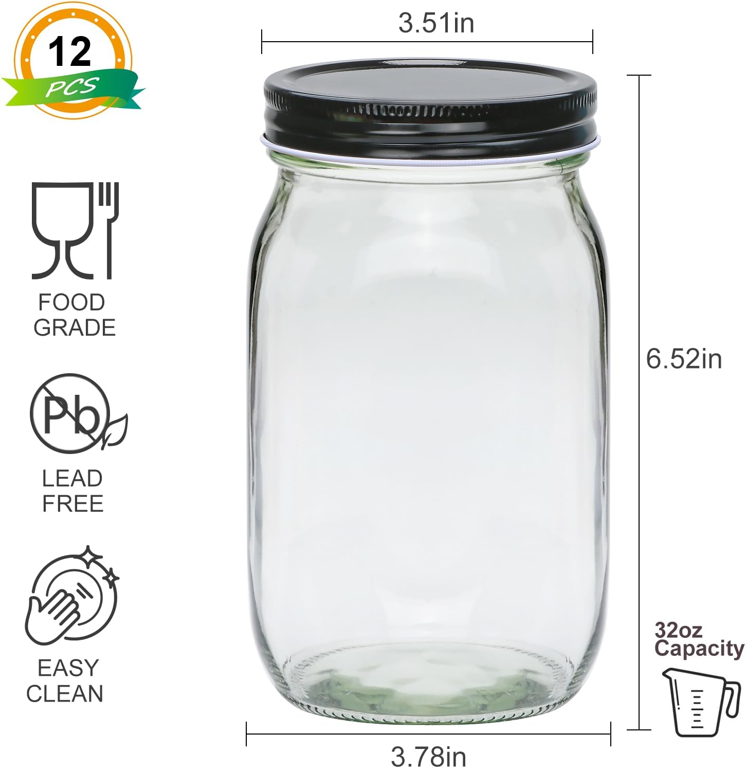 Flrolove 32oz Glass Mason Jars 12-Pack with One-Piece Lid