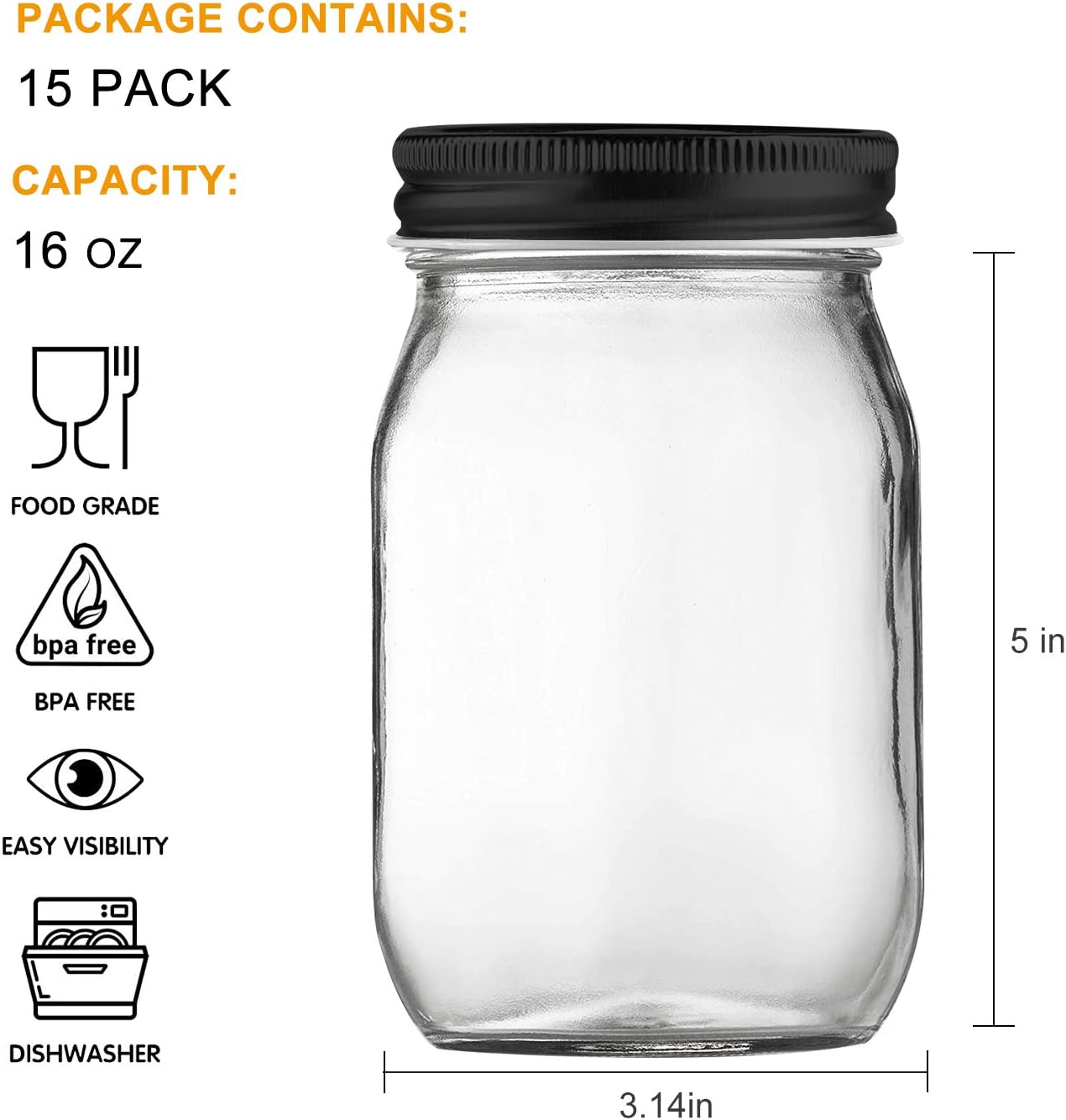 QAPPDA 15 Pack 16oz Glass Jars with lids