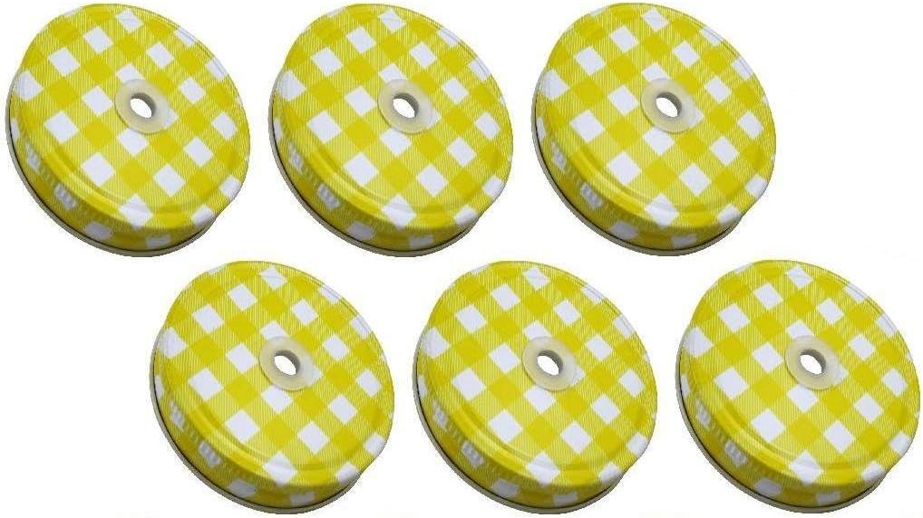 6-Piece Lids with Straw Hole Yellow Gingham