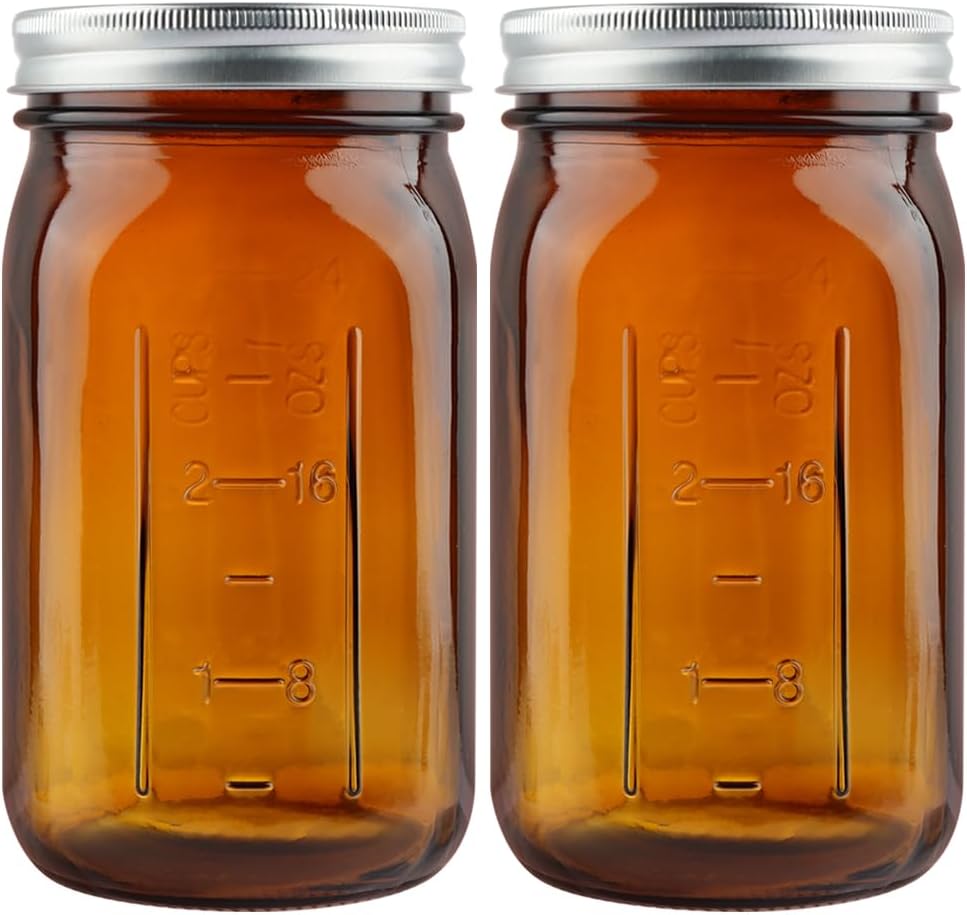CARBLIN 2 Pack 32 Oz Amber Canning Jars with Airtight Lids