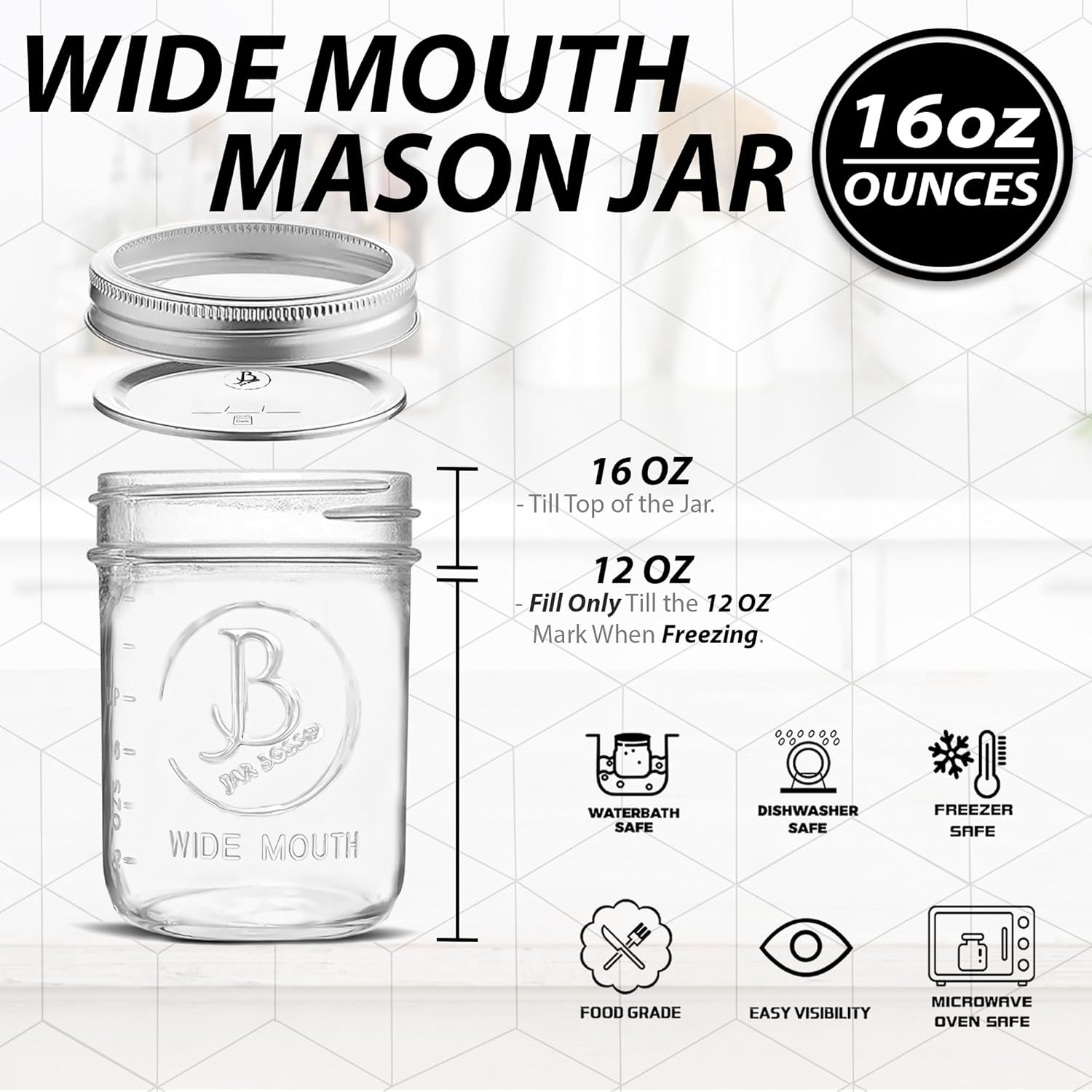 Jar Boss 6-Pack Mason Jars Wide-Mouth 16 oz Airtight Canning Fermenting
