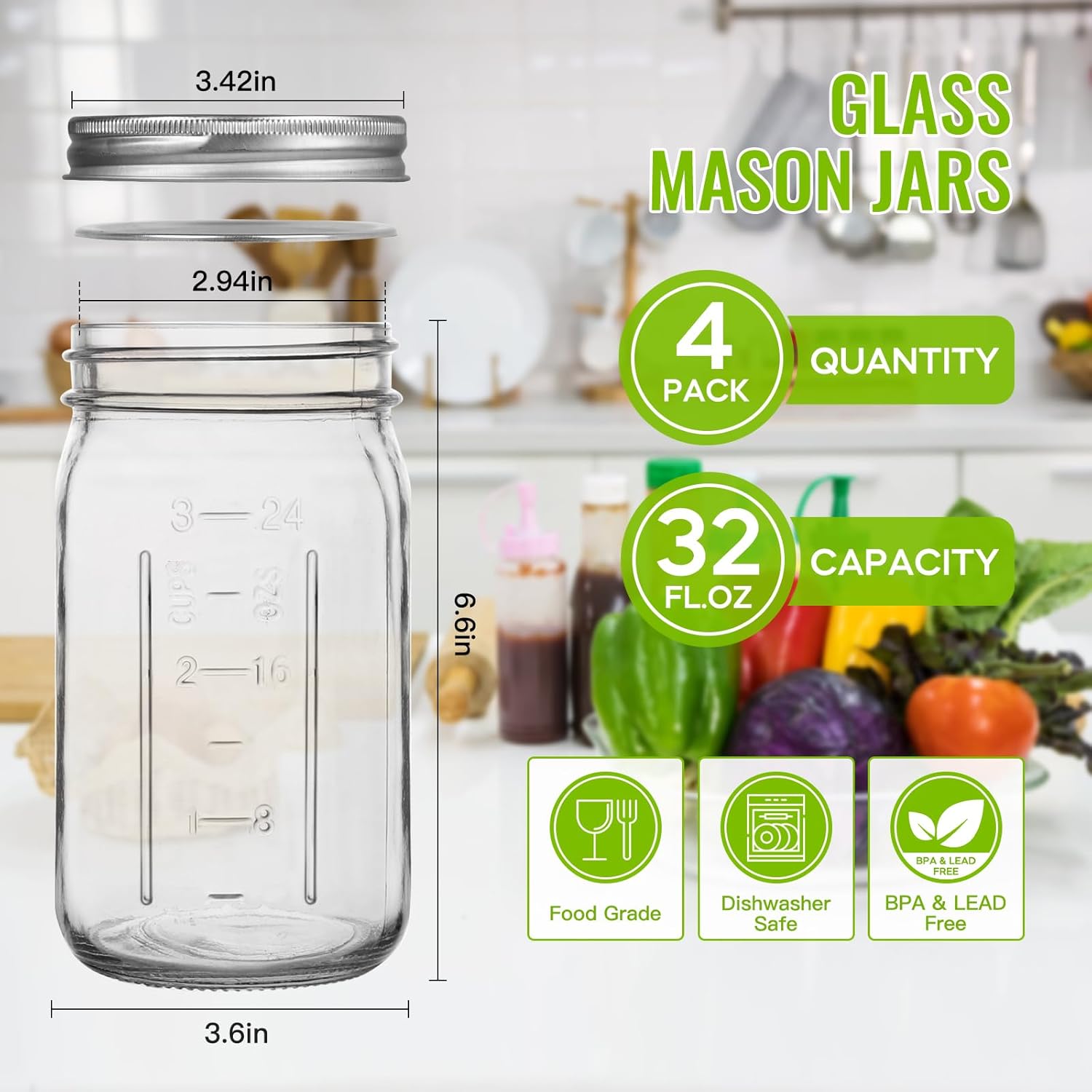 Alotpower 32 oz Mason Jars Set of 4