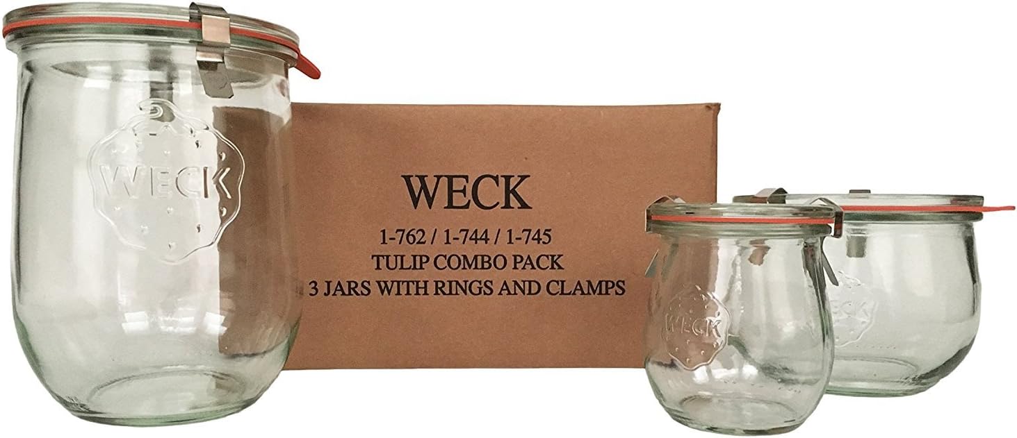 Weck Tulip Jars - Complete Set with Glass lids Rubber Rings and Clamps