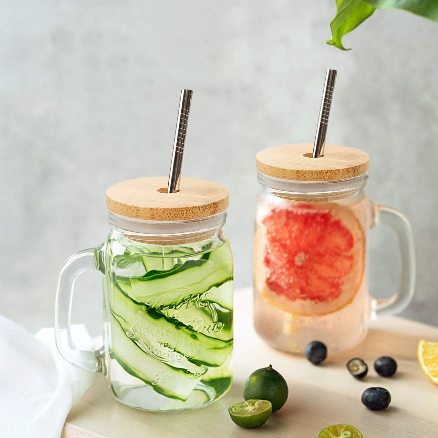 Reusable Bamboo Mason Jar Lid with Straw Cleaning Brush Set