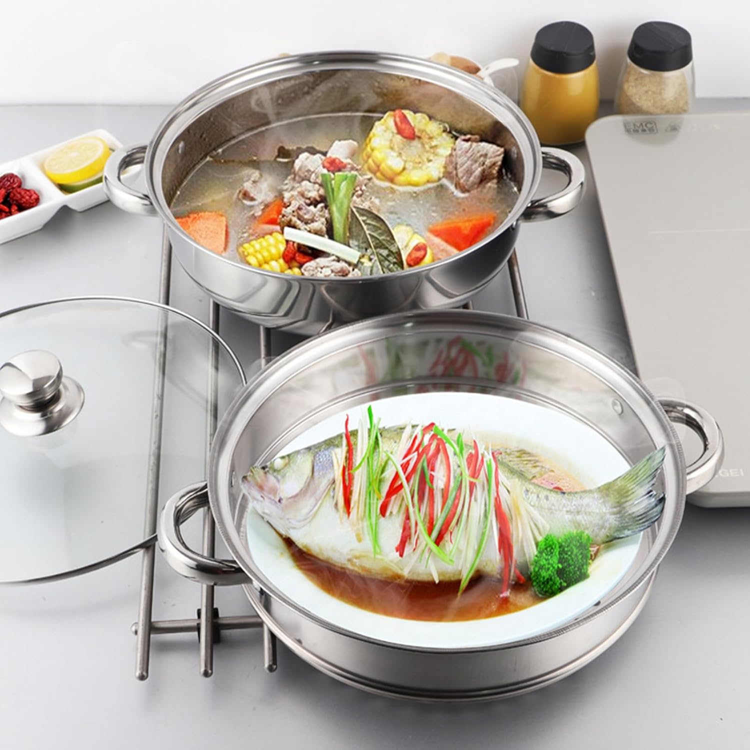 ZENFUN 2-Tier Steamer Pot Set with Glass Lid and Double Handle