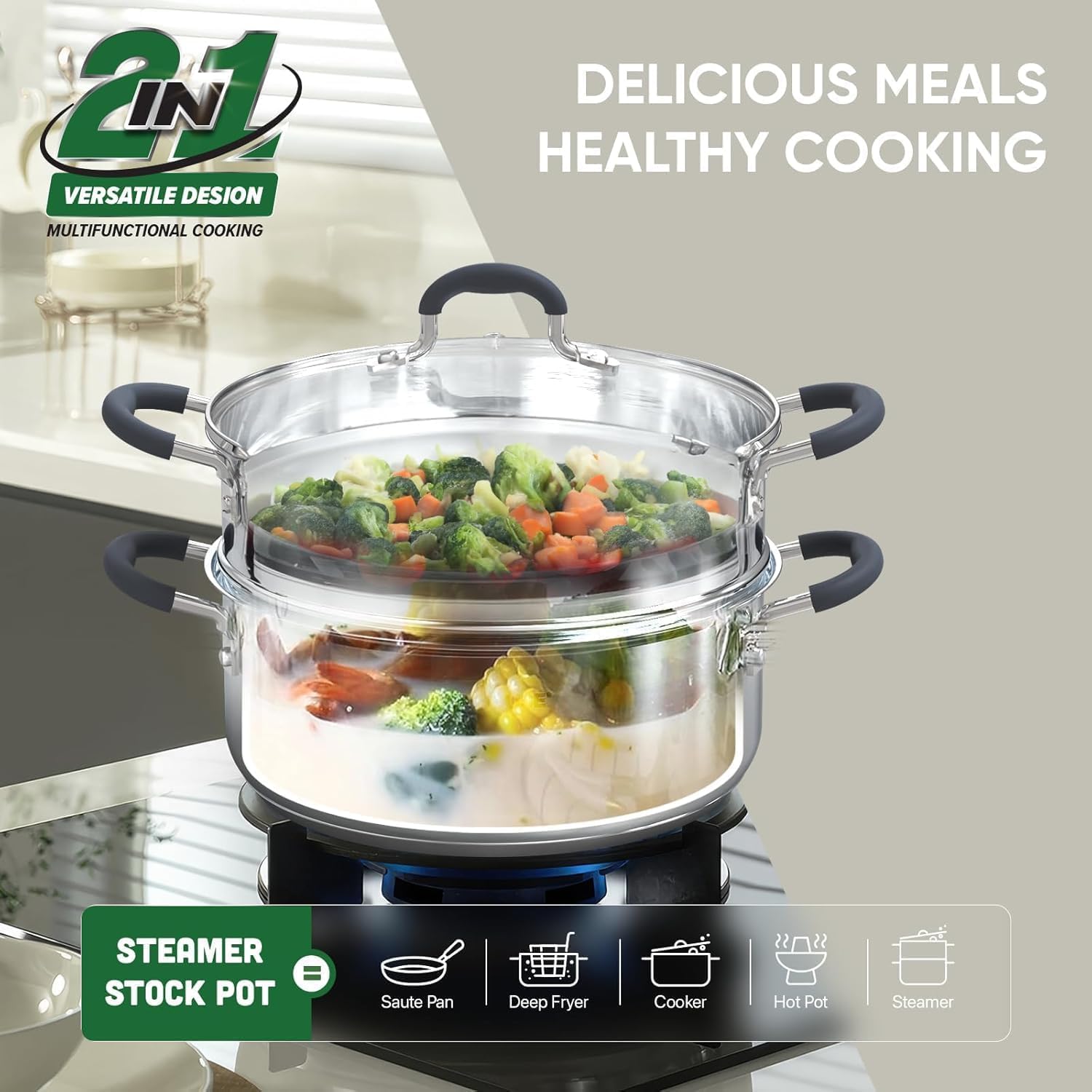 Sunhouse 33 Qt Stainless Steel Steamer Pot with Lid