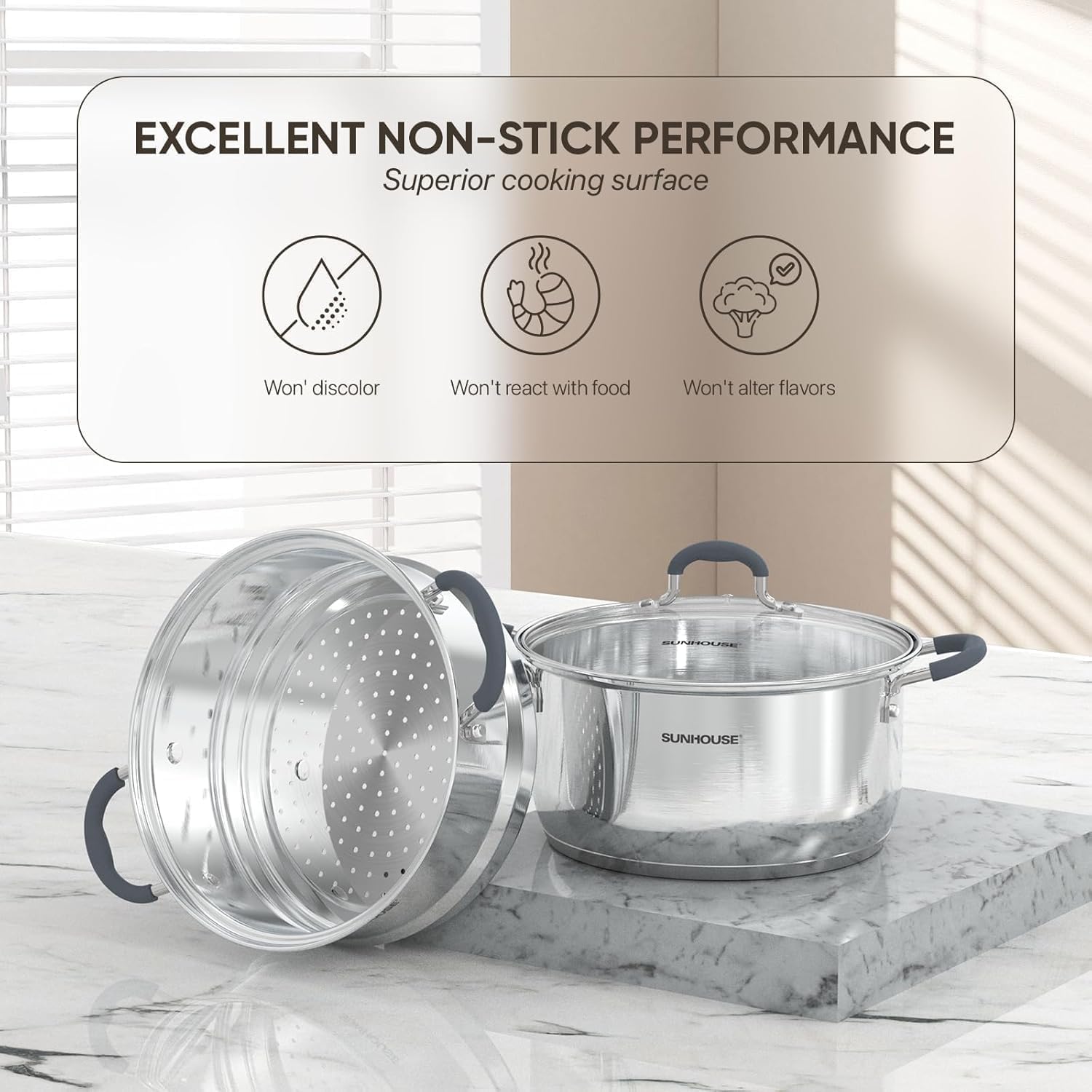 Sunhouse 33 Qt Stainless Steel Steamer Pot with Lid
