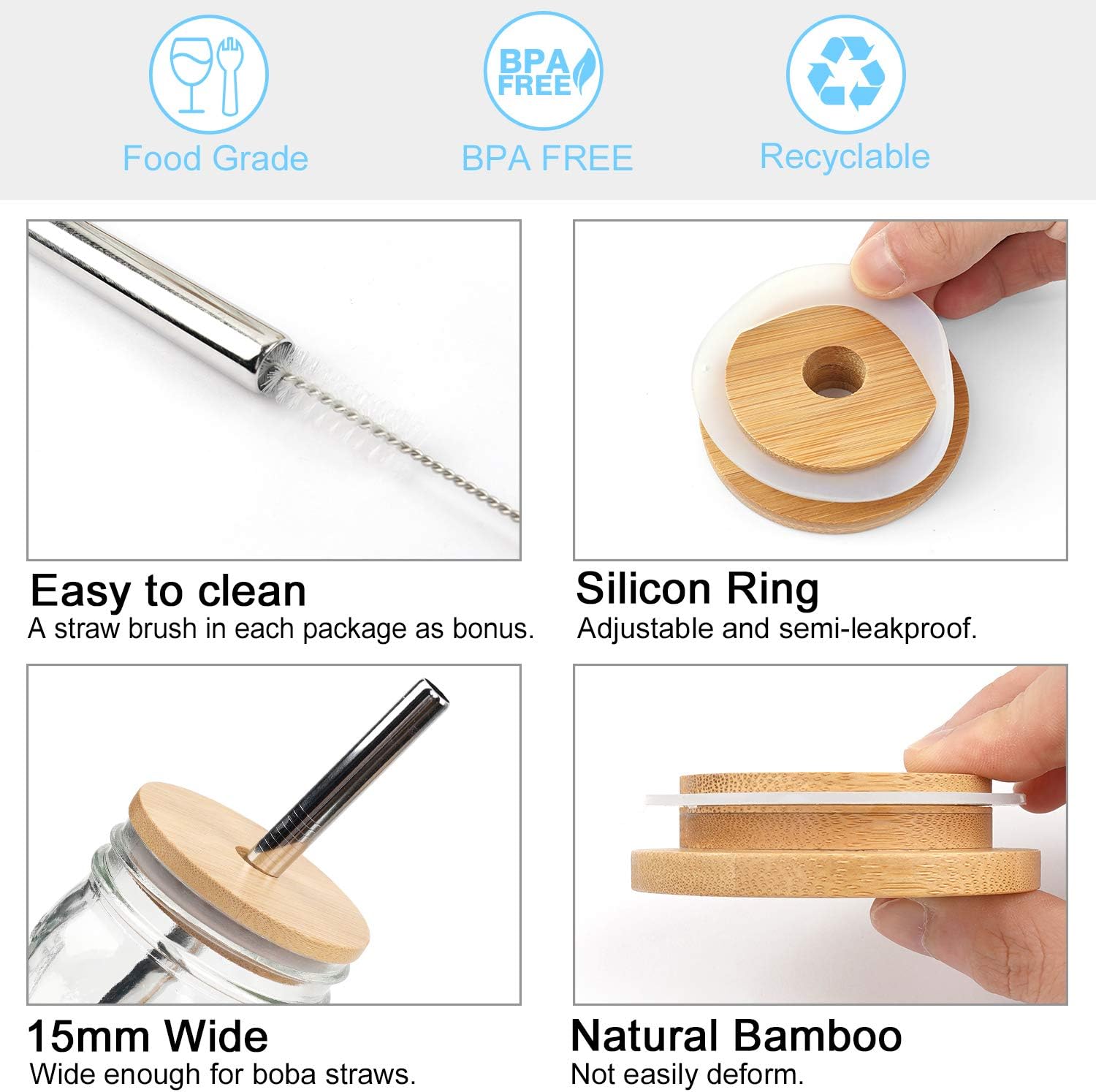 Reusable Bamboo Mason Jar Lid with Straw Cleaning Brush Set