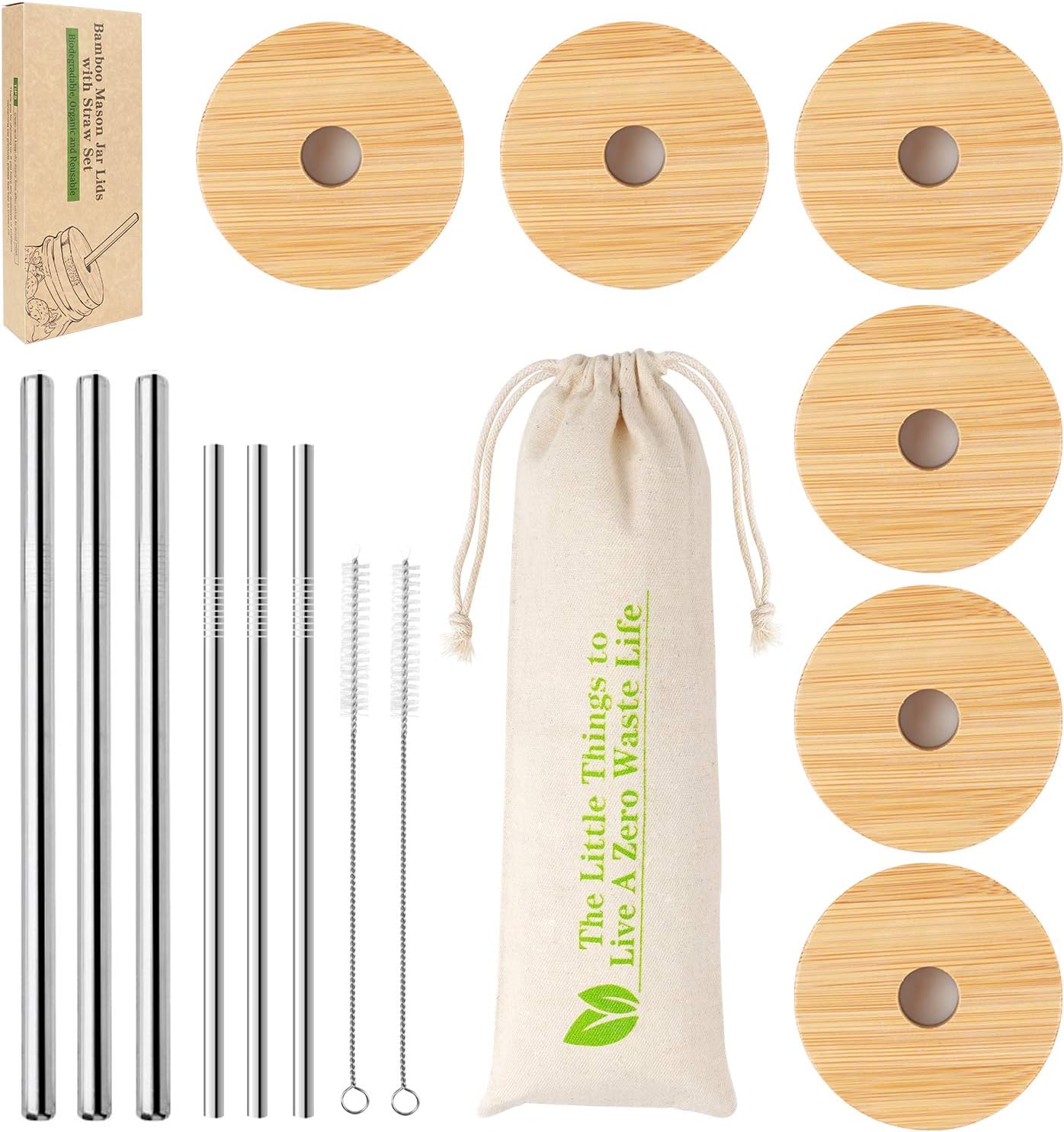 Reusable Bamboo Mason Jar Lid with Straw Cleaning Brush Set