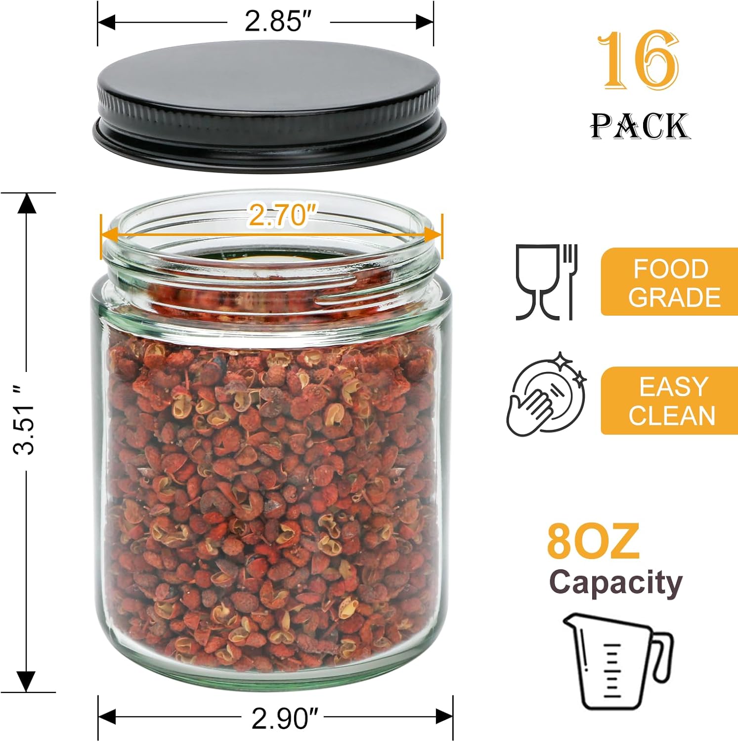 16-Piece 8oz Glass Jars with Lids for Candles Spices Crafts