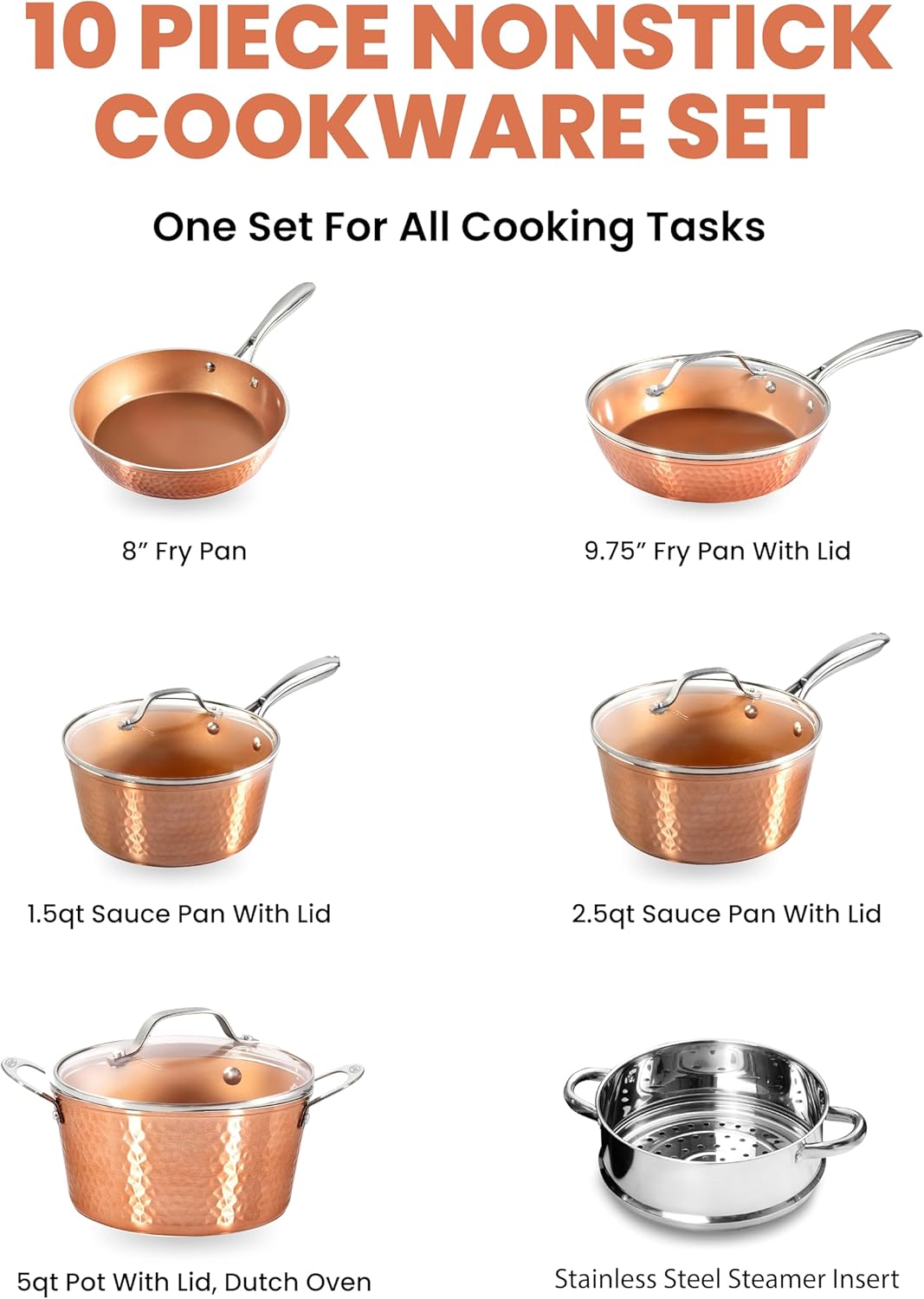 Gotham Steel Hammered Copper Cookware Set 10-Piece Non-Stick Pots Pans