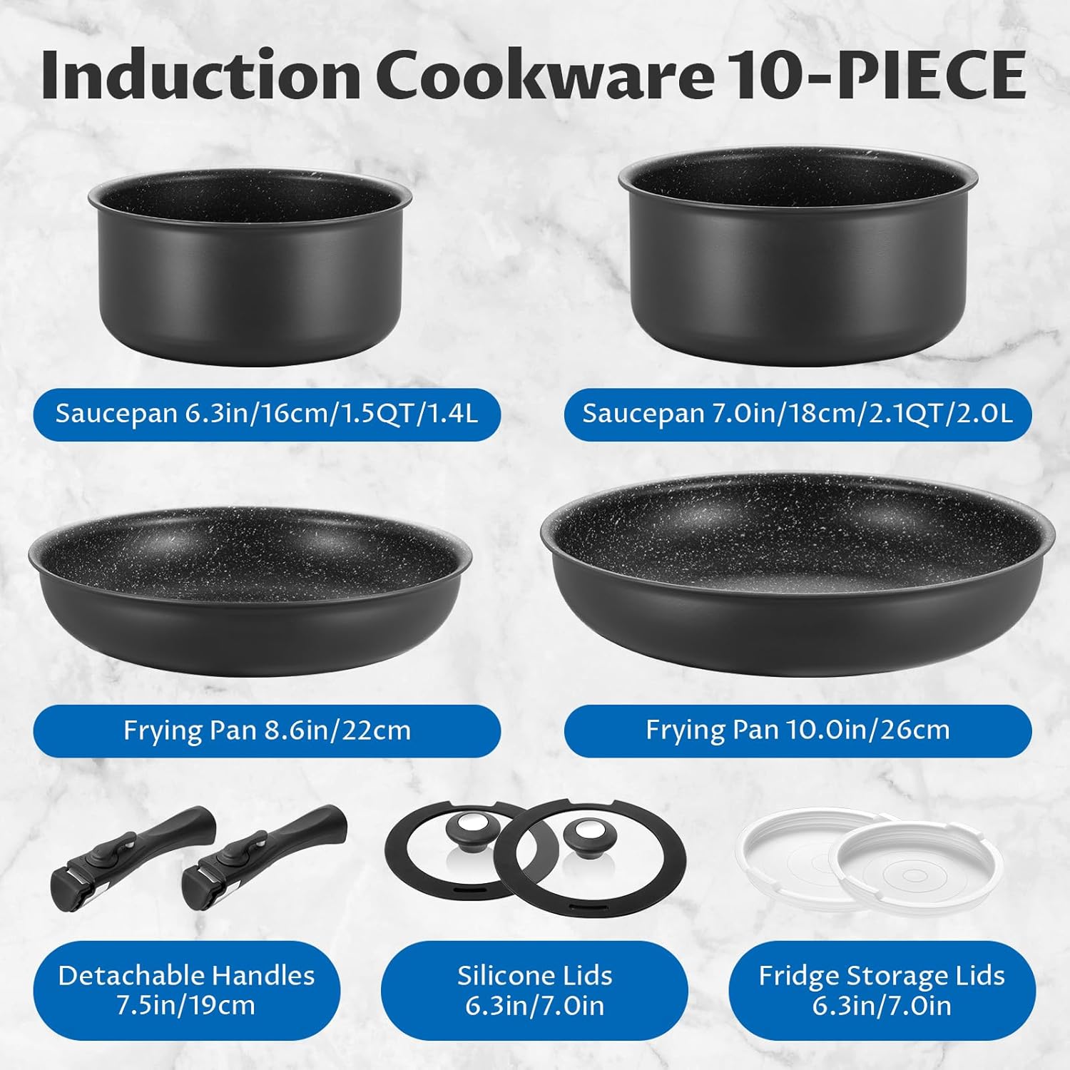 Bezaia Induction Cookware Set 10-Piece Non-Stick Pots Pans with Removable Handles