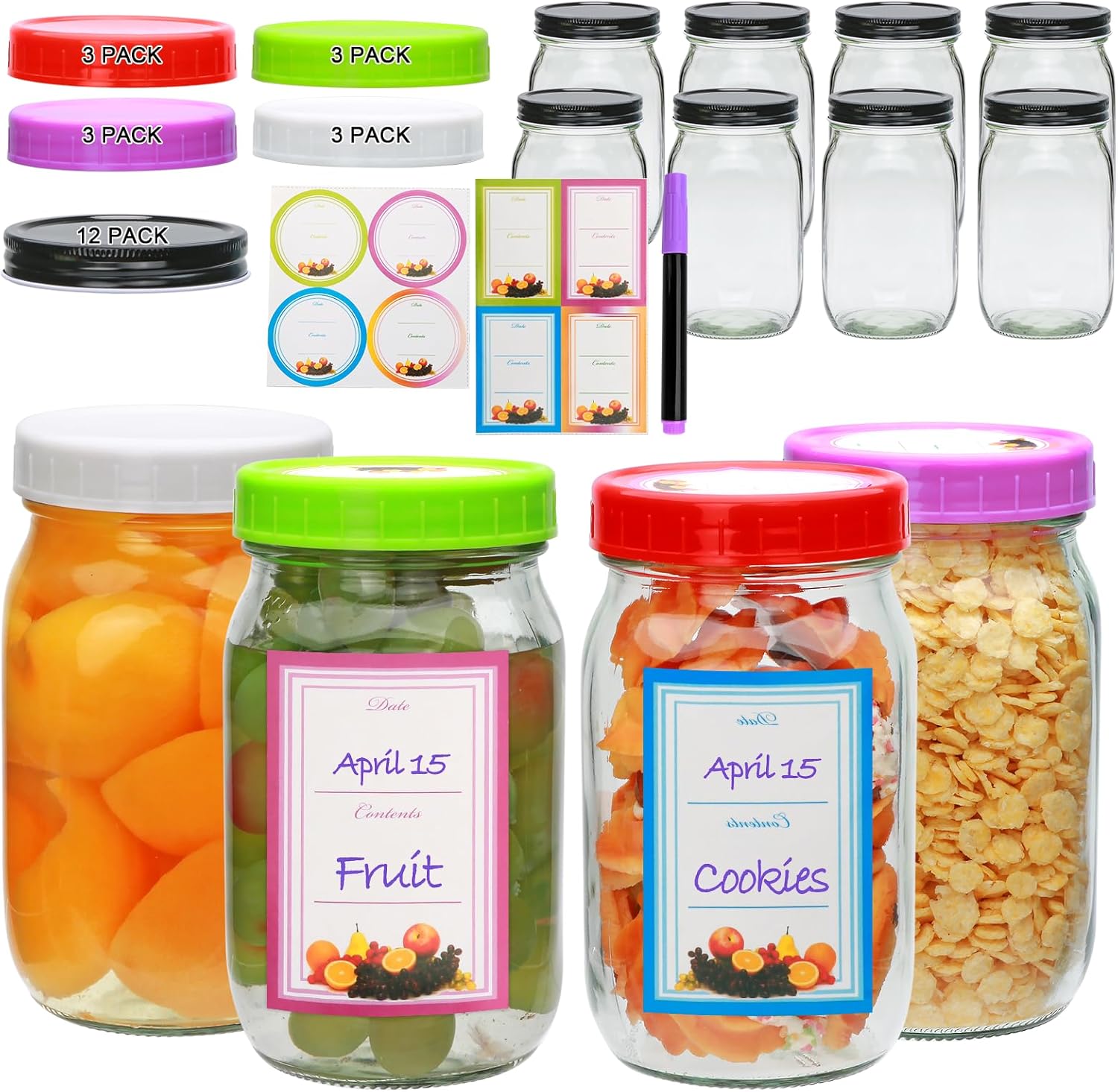 Flrolove 32oz Glass Mason Jars 12-Pack with One-Piece Lid
