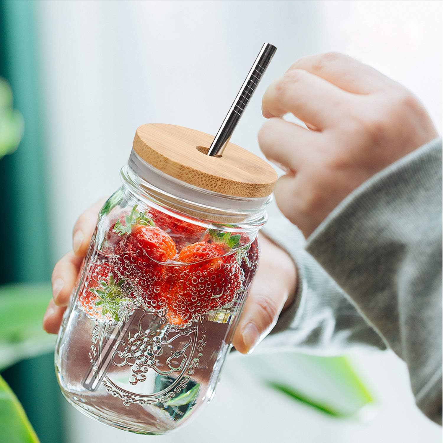 Reusable Bamboo Mason Jar Lid with Straw Cleaning Brush Set
