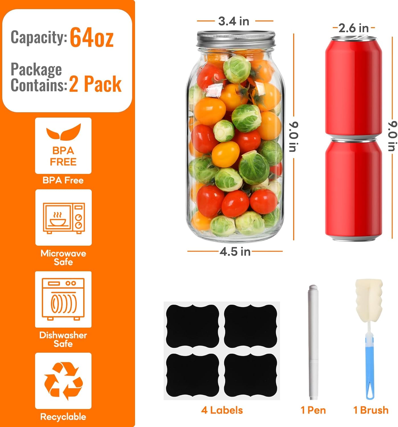 3-Pack Mason Jars 64 oz Wide Mouth