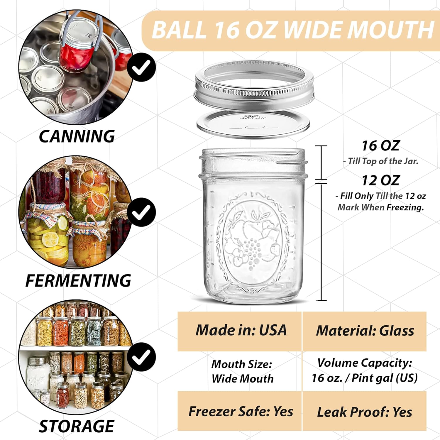 Wide Mouth Mason Jars 16 oz - 4 Pack