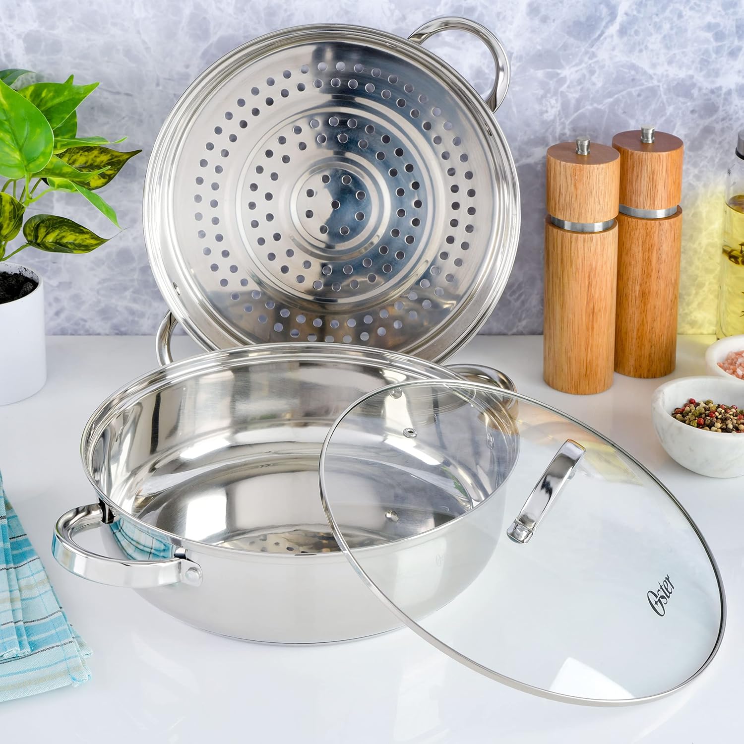 Oster Sangerfield 6 Qt Casserole with Steamer Basket Stainless Steel