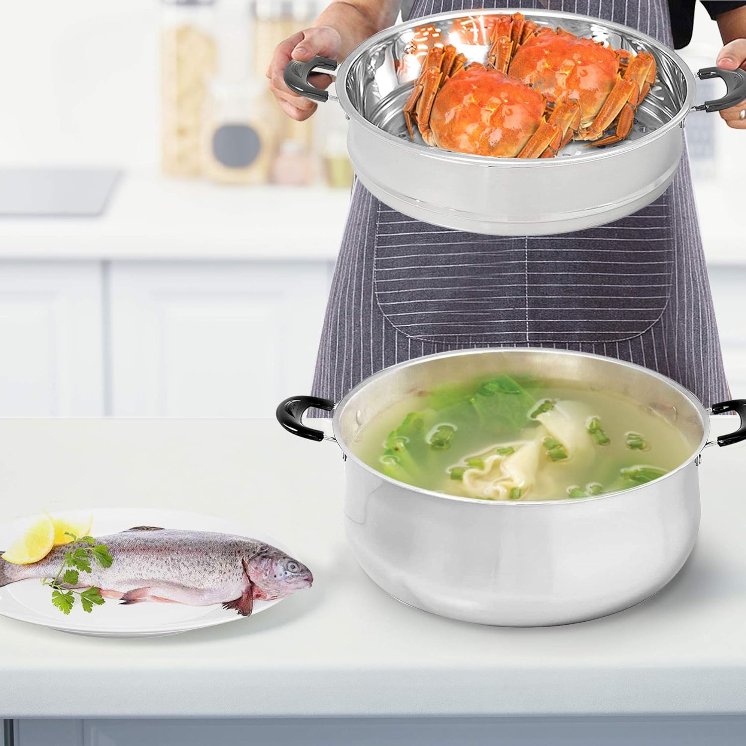 Triple-Ended 30cm Stainless Steel Steamer Pot