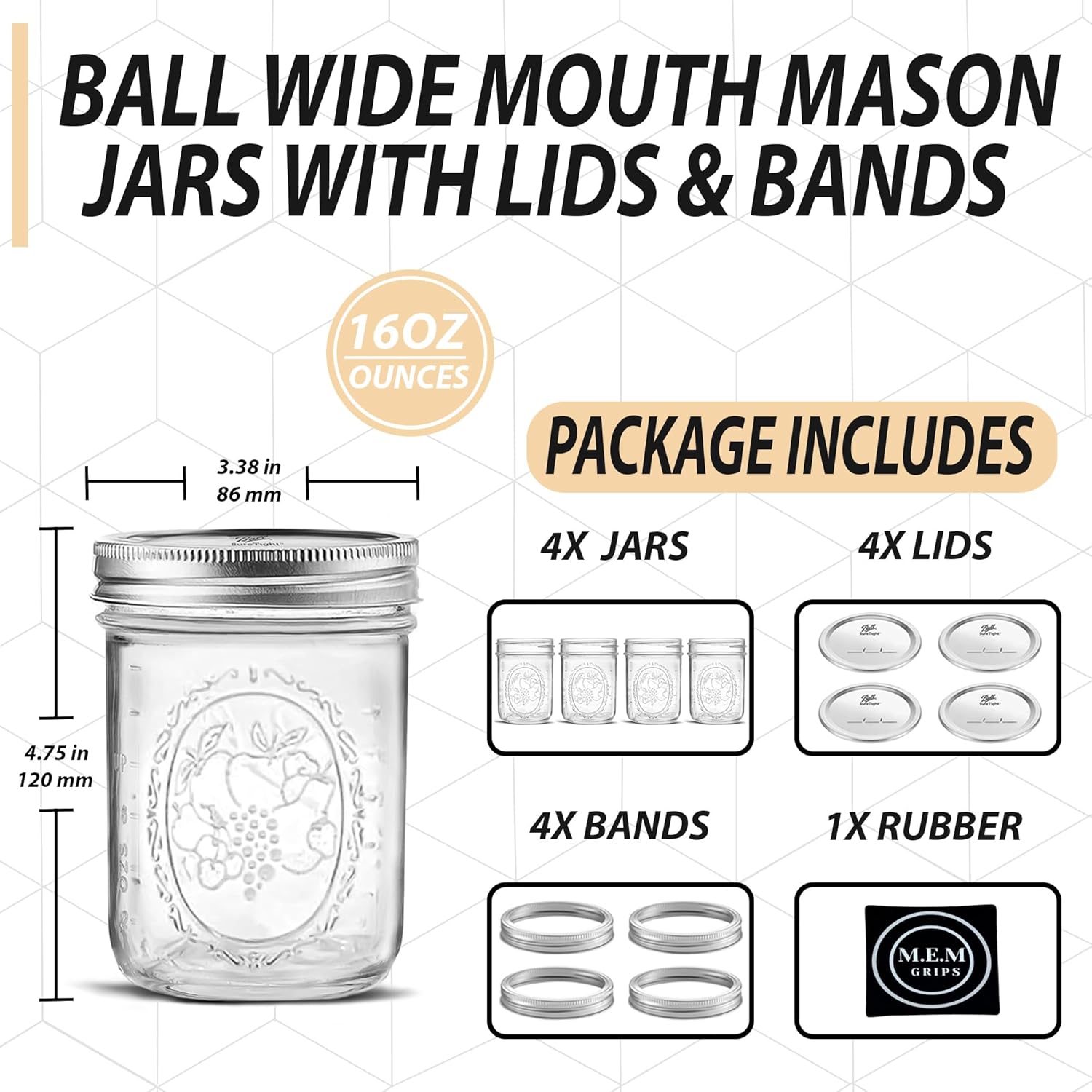 Wide Mouth Mason Jars 16 oz - 4 Pack