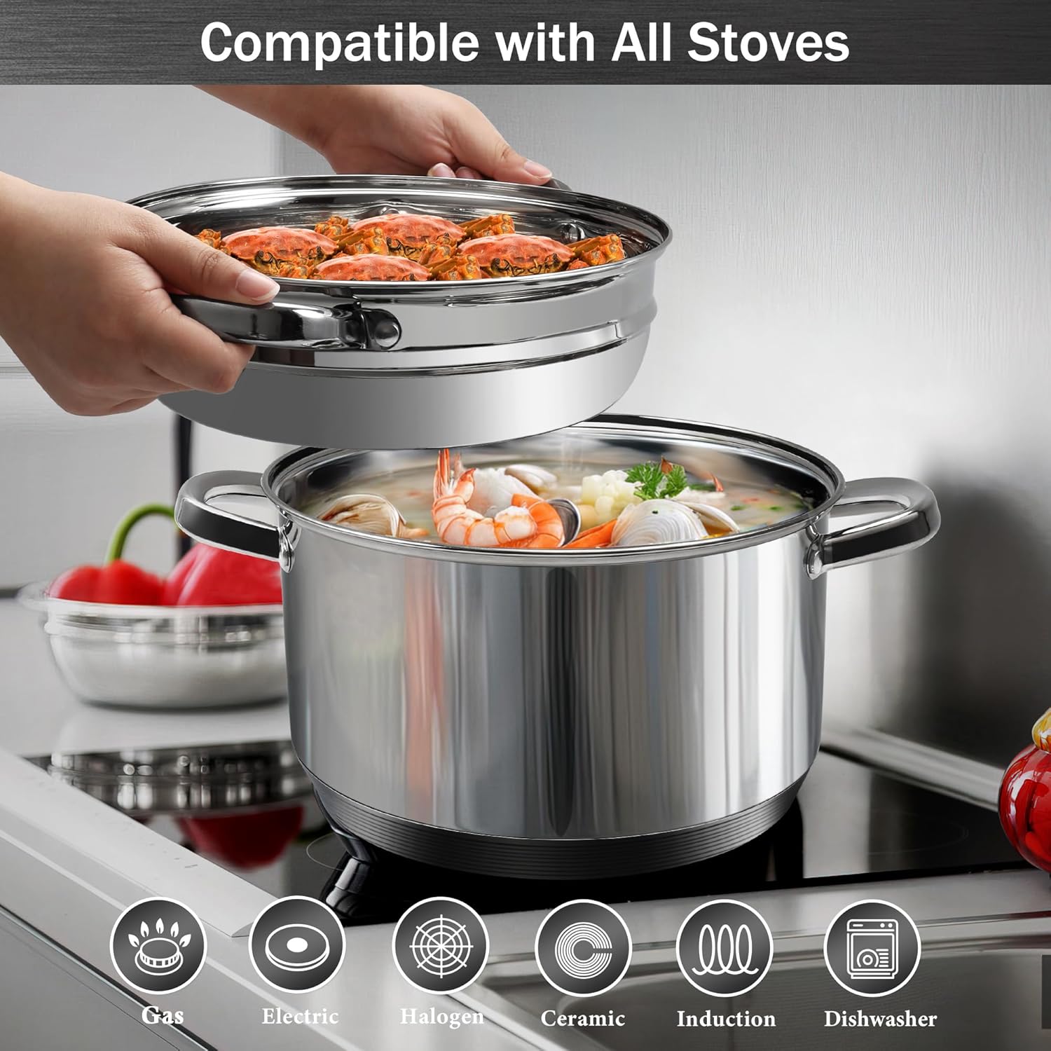 Aufranc 6 Quart Stainless Steel Tri-Ply Stockpot with Tempered Glass Lid