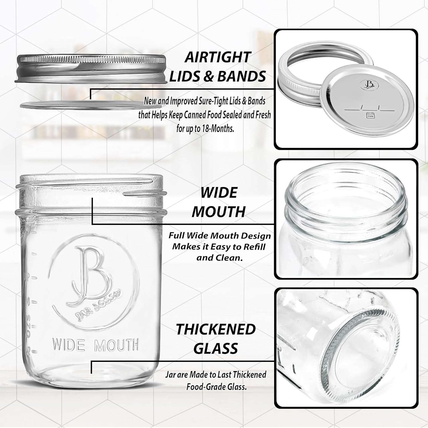 Jar Boss 6-Pack Mason Jars Wide-Mouth 16 oz Airtight Canning Fermenting