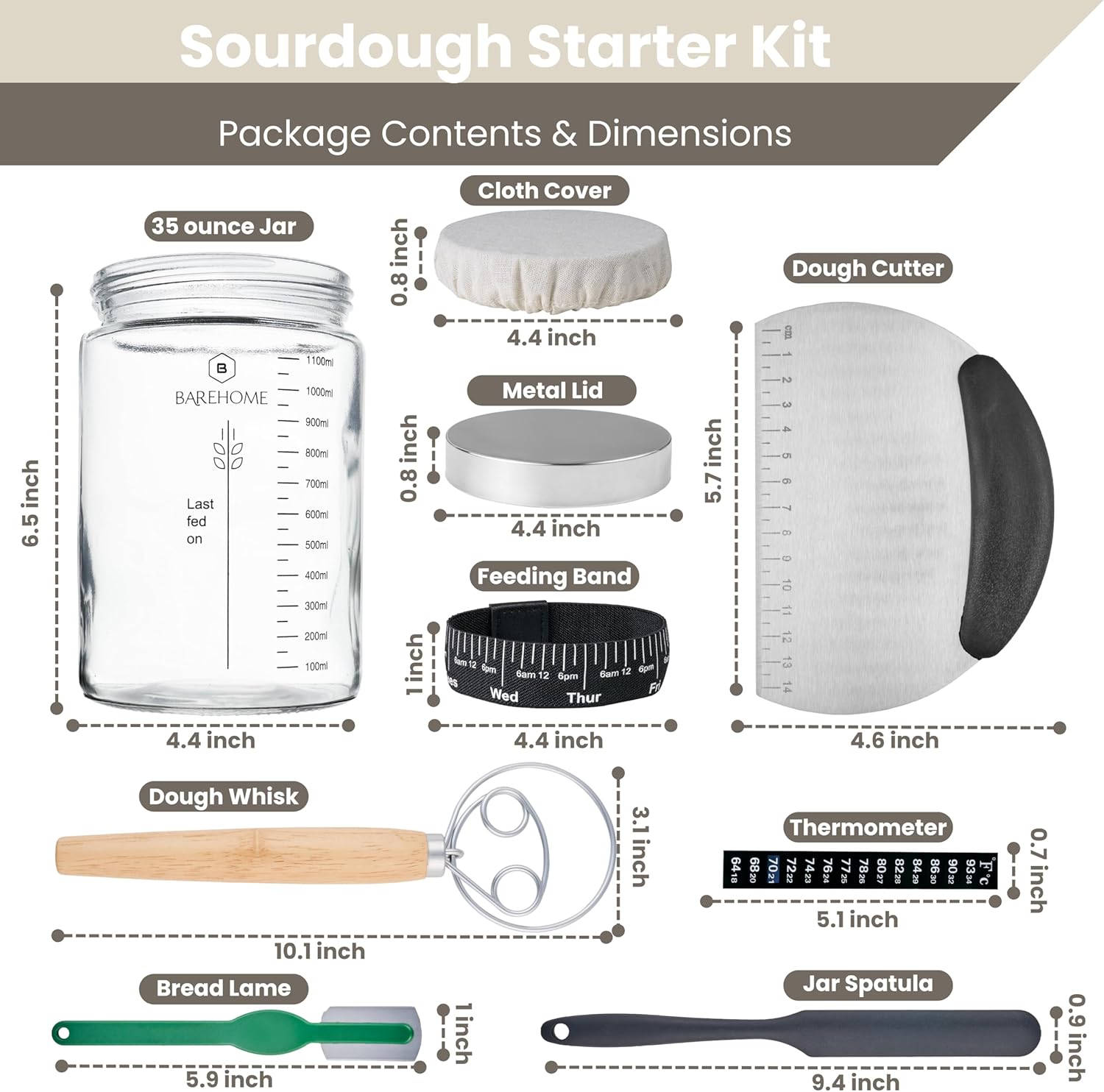 BareHome Sourdough Starter Jar Kit 35 oz