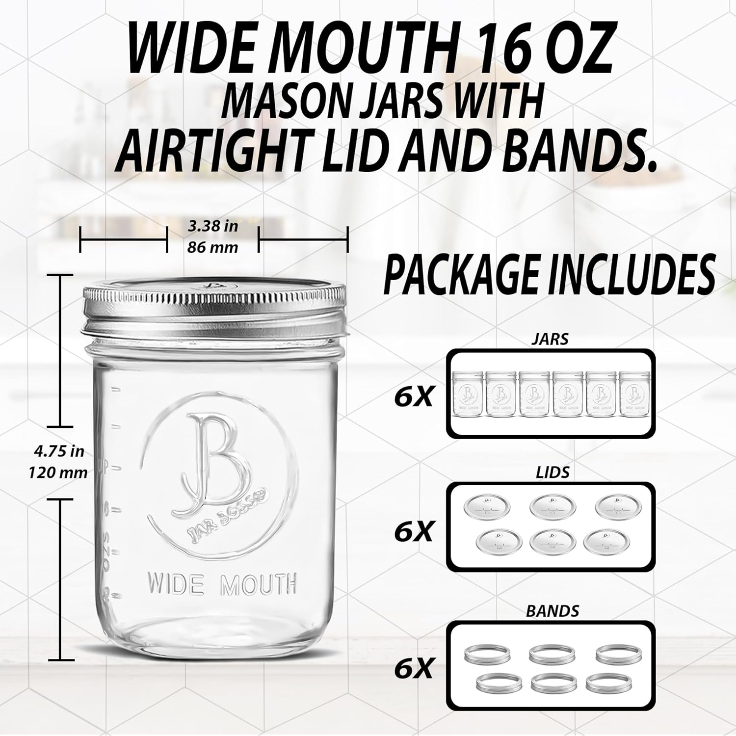 Jar Boss 6-Pack Mason Jars Wide-Mouth 16 oz Airtight Canning Fermenting