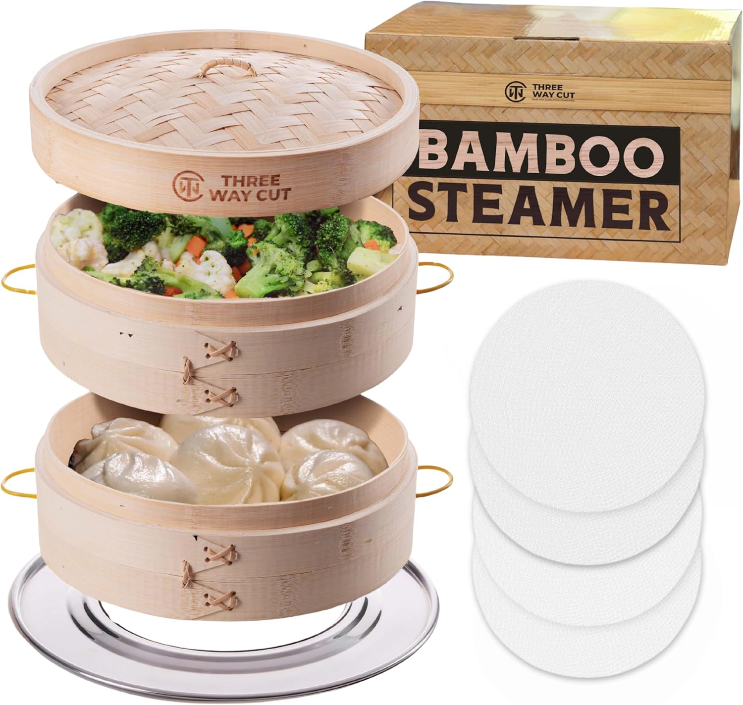 Bamboo Steamer with Handle for Cooking Dumplings Buns and More