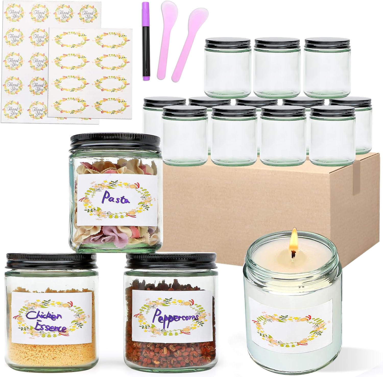 16-Piece 8oz Glass Jars with Lids for Candles Spices Crafts