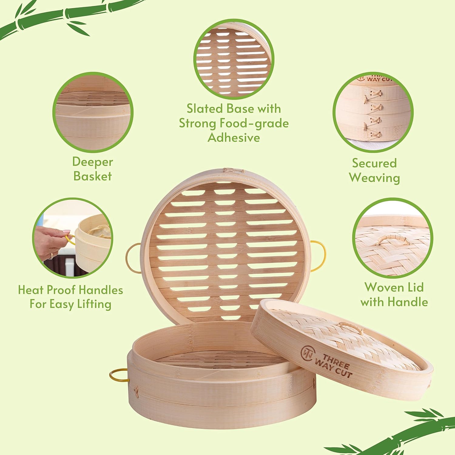 Bamboo Steamer with Handle for Cooking Dumplings Buns and More
