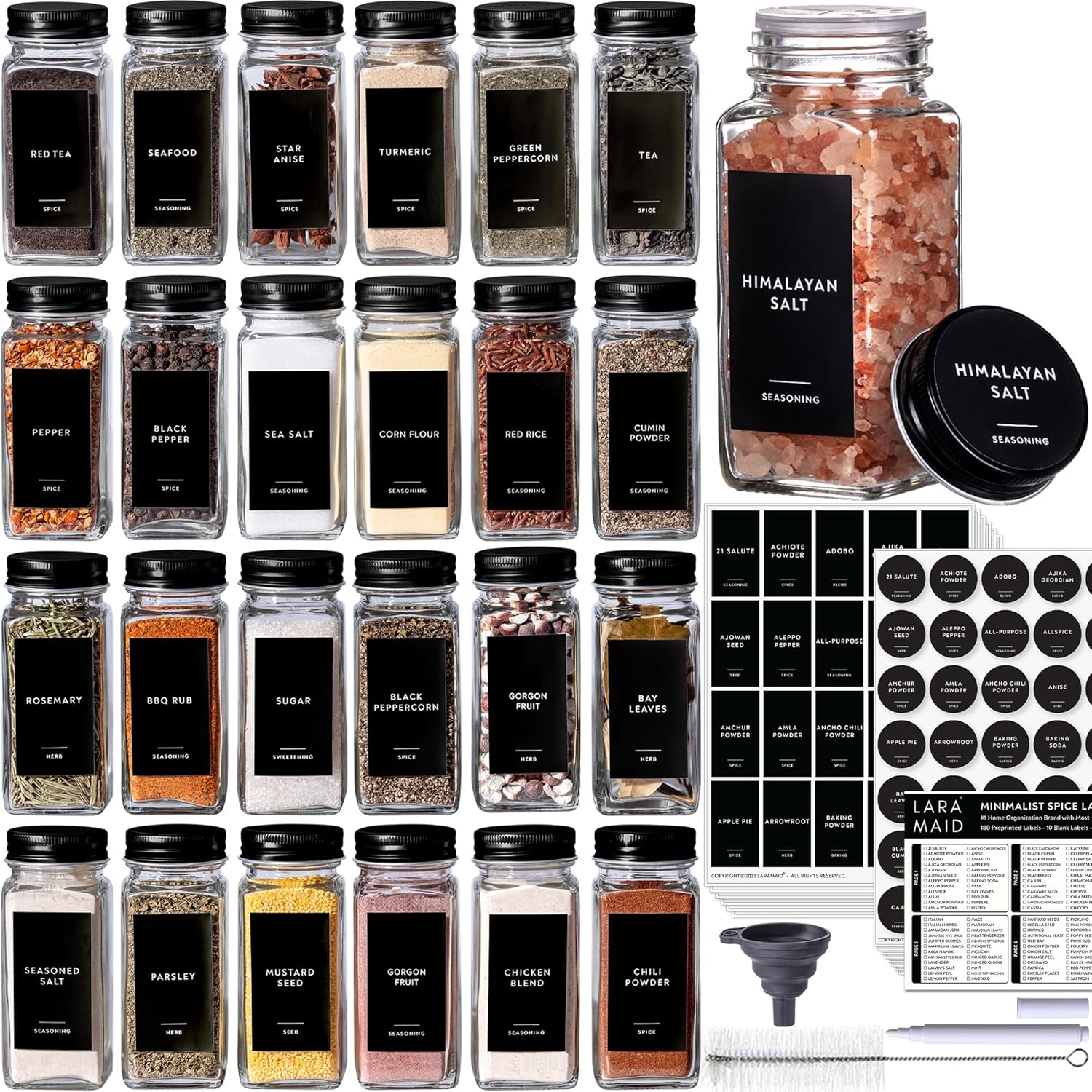 Laramaid 4oz 36-Pack Glass Jars with Black Vinyl Labels Airtight Metal Caps