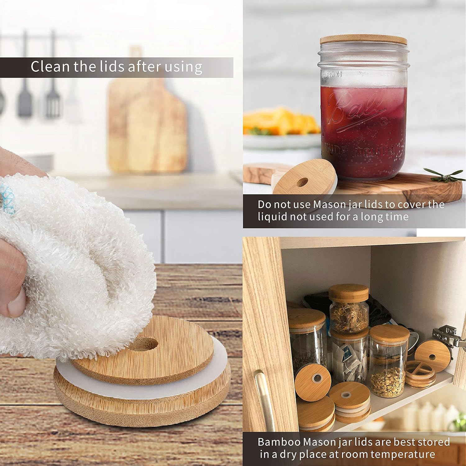 Reusable Bamboo Mason Jar Lid with Straw Cleaning Brush Set